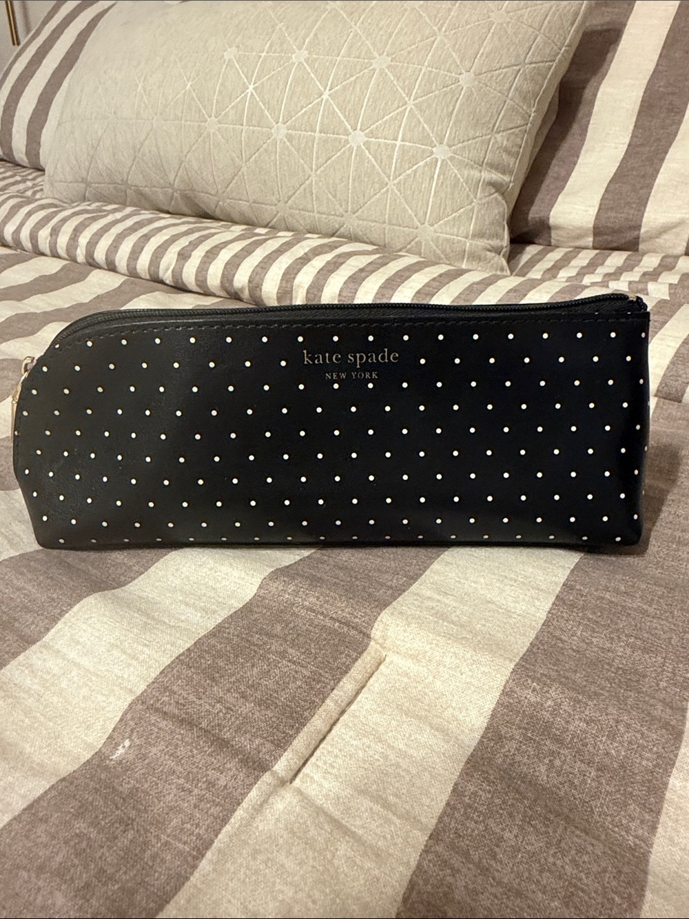 kate spade black polka dot zip pouch with gold logo